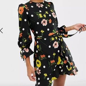 Black Floral and Polka Dot Ruffle Mini Dress with Back Cut Out | Size US 10